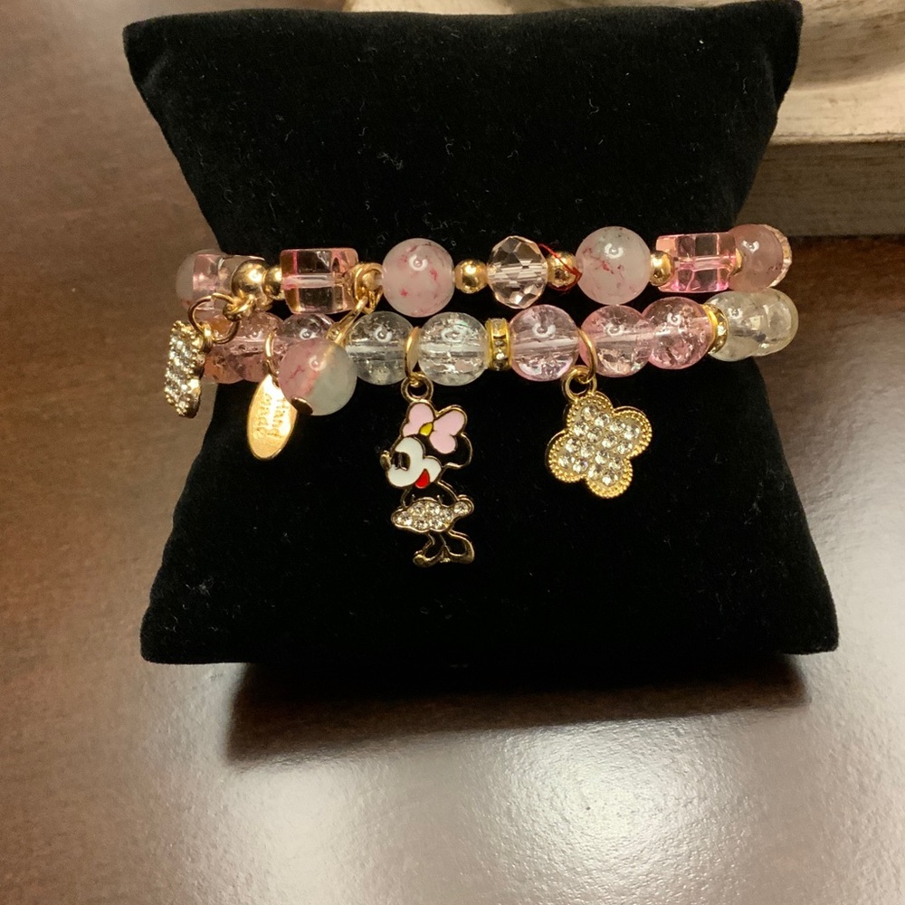 Charming Pink and Gold with Minnie Mouse Beaded Bracelet Set